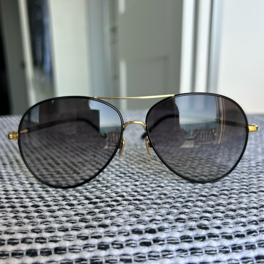 Linda Farrow Black and Gold Aviator Sunglasses w/ branded original box